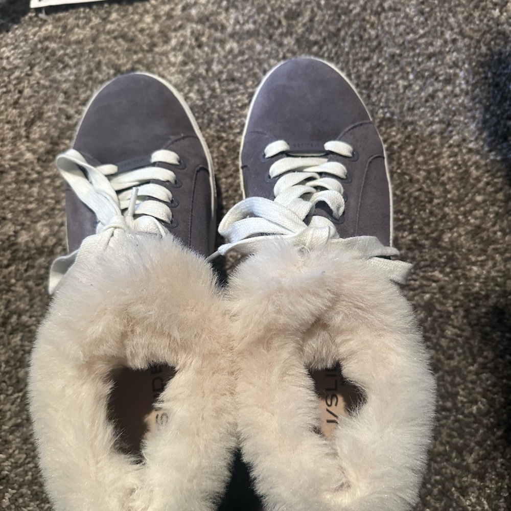 J Slides Gray and Cream Cozy Sneakers with Plush Lining